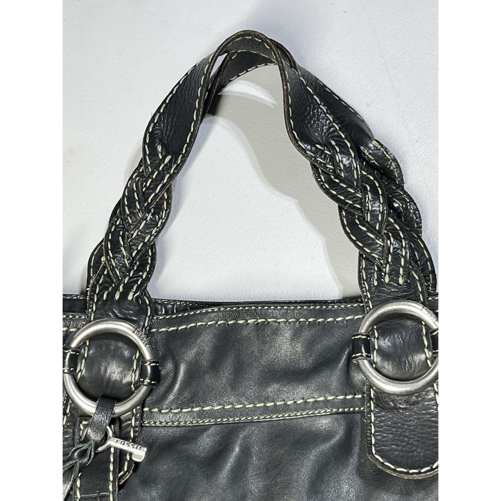 Fossil Leather Handbag Shoulder Tote Bag Black Large Braided Straps Key Charm - Picture 3 of 16